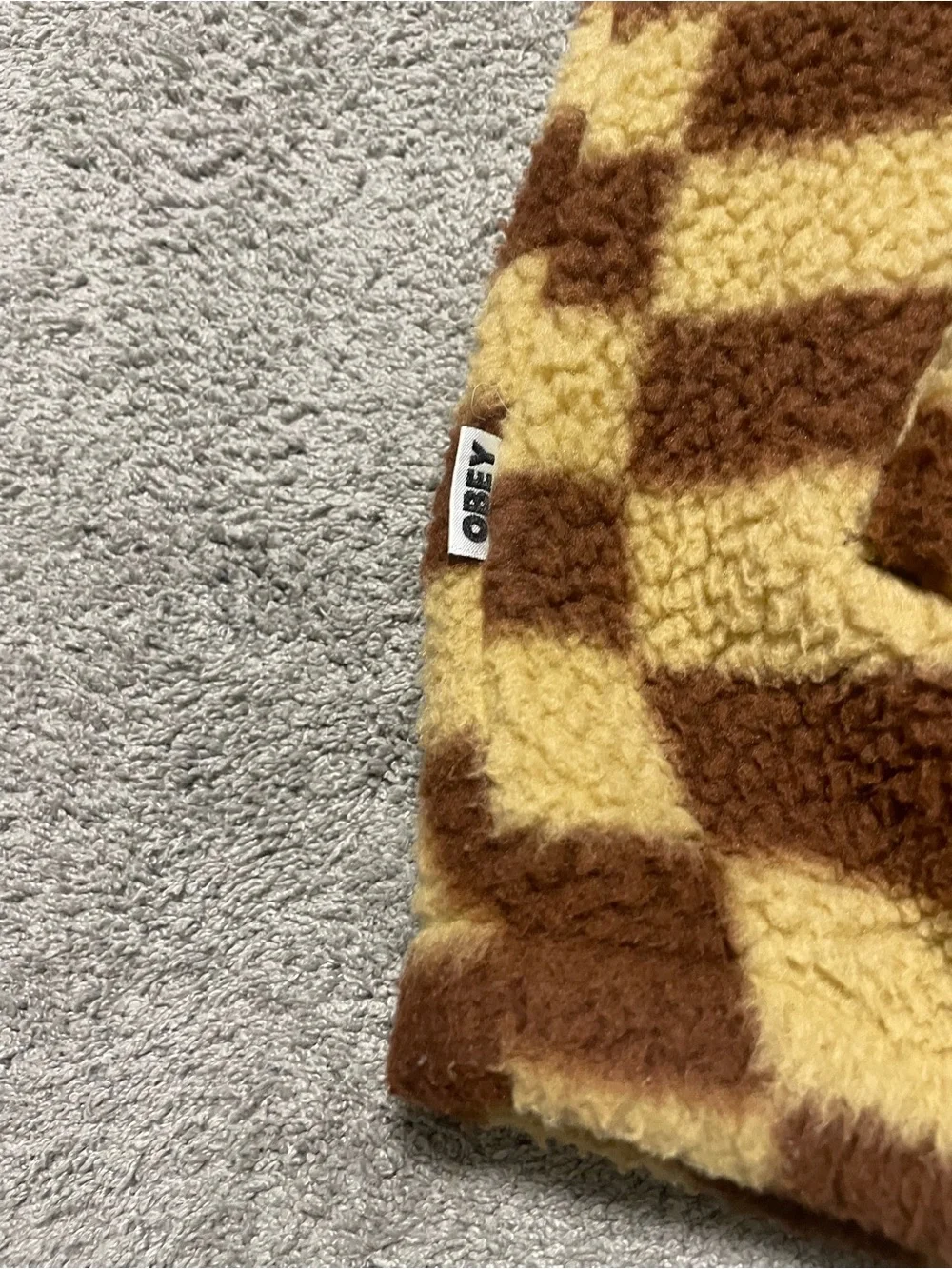 Obey Checkered Fleece Jacket Mens L 1/4 Quarter Snap Pullover Brown Cream